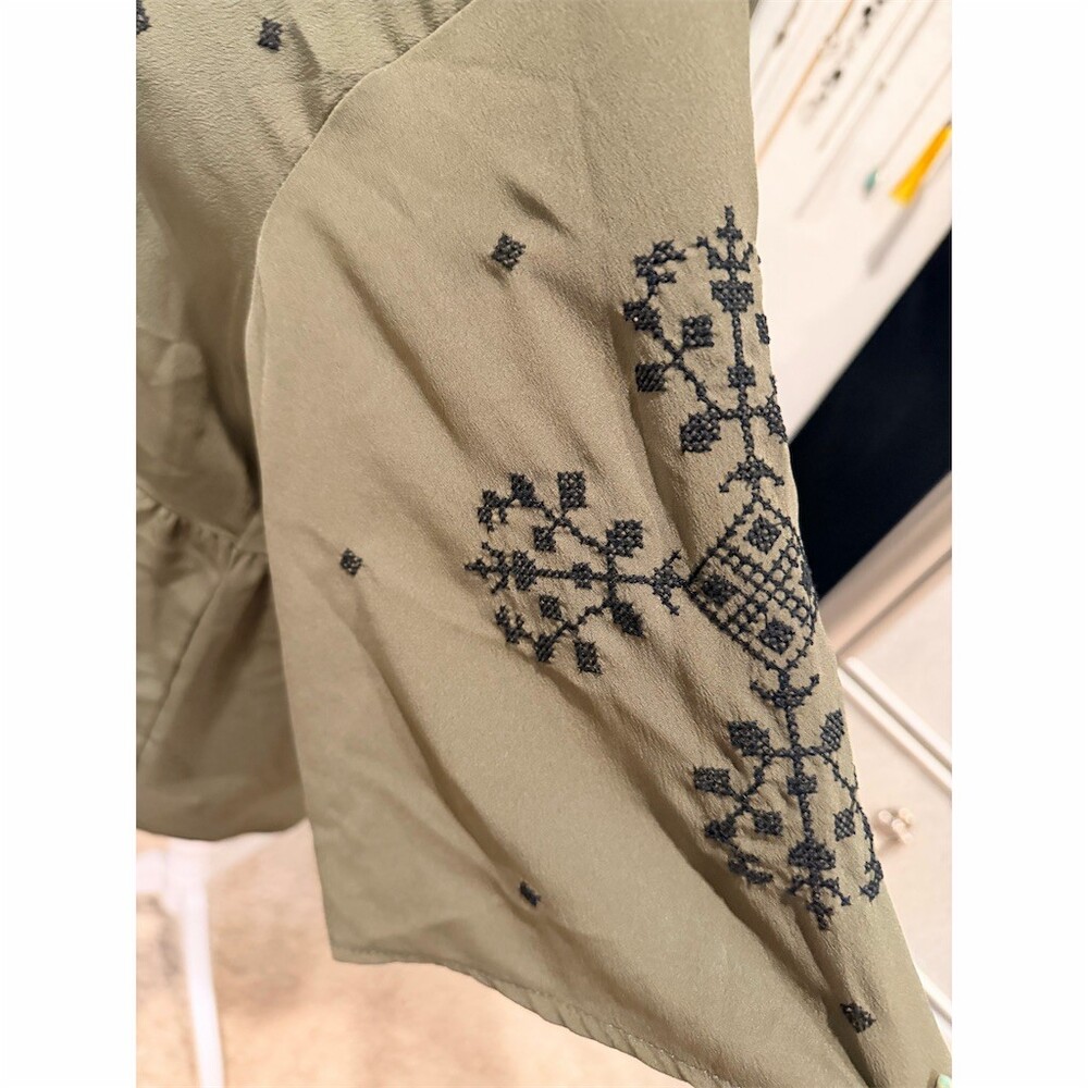 Mayra Tunic Top Womens Petite Small Olive Green Embroidered Peplum Tie - Picture 6 of 7